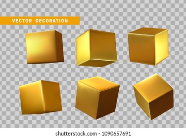 Design element set in shape of 3d cubes gold color. Square isolated with transparent background