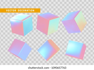 Design element set in shape of 3d cubes bright neon color. Square isolated with transparent background