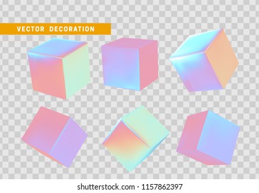 Design element set in shape of 3d cubes bright neon color. Square isolated with transparent background