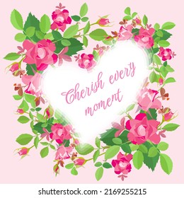 Design element in the shape of a heart for an inscription in a frame of pink roses with green leaves on a light pink background