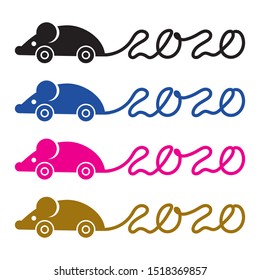 Design element silhouette rat on wheels and 2020 lettering on white isolated background. Vector image. esp 10