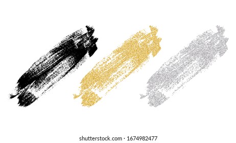 Design Element Sketch. Black, Gold, Silver on White. Bold Paint. Abstract Brush Strokes. Grunge Line. Collection Dirty Art Paintbrush.
