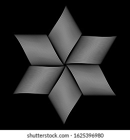Design element in star shape. Rotation movement. 3D illusion. Striped lines texture. Vector art.
