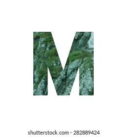  Design element with Stones with moss rocks. Vector logotype template. Double exposure texture mountain with letter. Modern stylish logo. Stylized letter M. logo design  cut out . Picture for printed