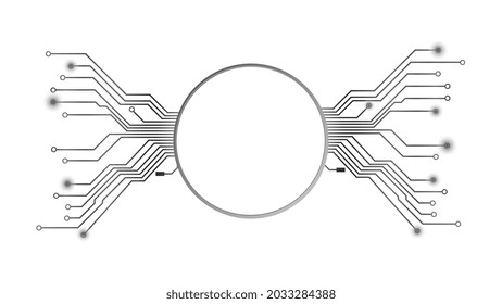 Design element in techno style with copy space silver circle with PCB tracks isolated on white. Template for website or banner. Vector illustration.