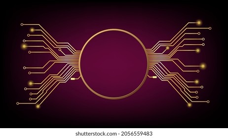 Design element in techno style with copy space gold circle with PCB tracks. Template for website or banner. Vector illustration.