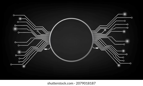 Design-Element im Techno-Stil mit Kopienraum silberner Kreis mit Leiterplatten-Tracks auf dunklem Hintergrund. Vorlage für Website oder Banner. Vektorgrafik.