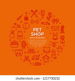 Elemento de diseño, plantilla para tienda de mascotas, clínica veterinaria, tienda de mascotas, zoo, refugio. Tarjeta, volante, afiche para publicidad. Diseño de estilo plano, iconos de esquema, ilustración vectorial. Copiar espacio de texto.