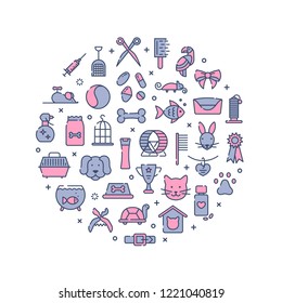 Design element, template for pet shop, veterinary clinic, pet store, zoo, shelter. Card, flyer, poster for advertisement. Flat style design, outline icons, vector illustration.