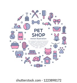 Design element, template for pet shop, veterinary clinic, pet store, zoo, shelter. Card, flyer, poster for advertisement. Flat style design, outline icons, vector illustration. Copy text space.