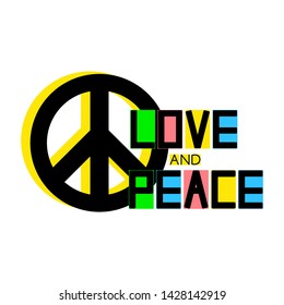 Design element with text "Love and peace" and peace sign. Symbol of pacifism