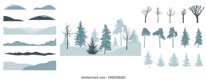 Design element of trees, set. Silhouette of bare tree, pine, spruce. Creation of beautiful winter landscape, woodland, park or forest. Vector illustration.