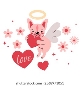 Design element for Valentine's day greeting card with French bulldog puppy. Cute design. Vector illustration. Dog. Funny french bulldog puppy. Cute dogs, hearts, flowers