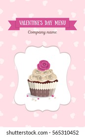 Design element for Valentines Day, wedding or birthday, vintage vertical menu cake in curly frame on background with heart for restaurant. Chocolate cake with rose in wrapper, vector illustration