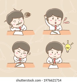 Design element vector of cute businessman cartoon characters in the office meeting actions, Morning meeting, Business meeting agenda, Cute cartoon hand drawn style.