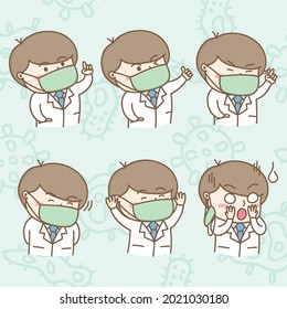 Design element vector of cute doctor cartoon character in various cute actions, Male doctor practicing and helping people with health information, Cute cartoon hand drawn style.
