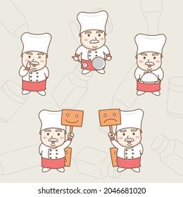 Design element vector of cute male head chef cartoon character in various actions, Professional cook, Chief cook, Happy cooking, Cute cartoon hand drawn style.