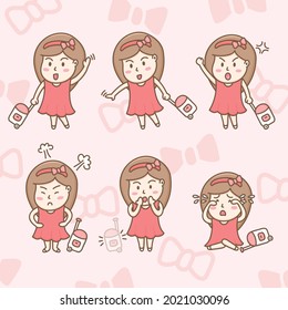 Elemento de diseño vector de adorable personaje de dibujos animados de una chica turística en varias acciones lindas, chica turística con su bolso de viaje pinky viajando por todo el mundo, estilo de dibujos animados a mano.