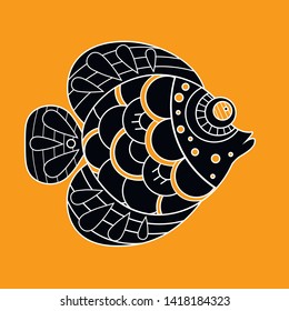 design element vector illustration. Sketch of the decorative pattern of fish. incredible fish with big eyes. Sea life. Linear pattern of fish with patterns. black silhouette on orange background