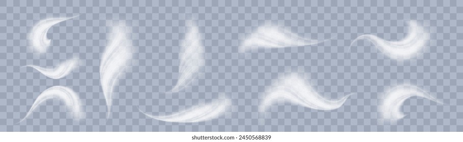 Design element to visualize the flow of air or water. Set of white airflow wave effects. vector png	
