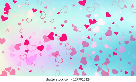 Design element for wallpaper, textiles, packaging, printing, holiday invitation for birthday. Red hearts of confetti are flying. Happy background. Red on Ggradient background Vector.