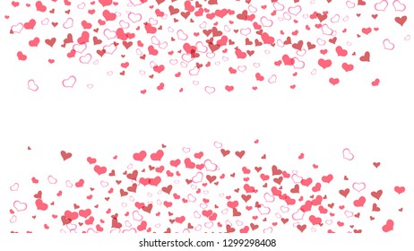 Design element for wallpaper, textiles, packaging, printing, holiday invitation for birthday. Red on White background Vector. Red hearts of confetti crumbled. Romantic background.