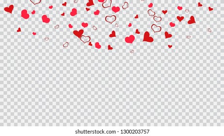 Design element for wallpaper, textiles, packaging, printing, holiday invitation for wedding. Red hearts of confetti crumbled. Red on Transparent fond Vector. Festive background.