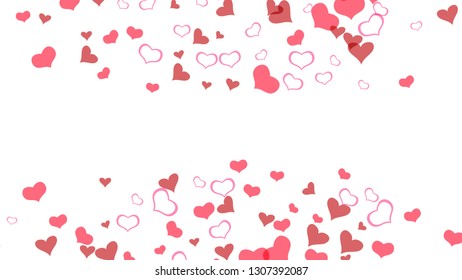 Design element for wallpaper, textiles, packaging, printing, holiday invitation for birthday. Festive background. Red hearts of confetti are flying. Red on White fond Vector.