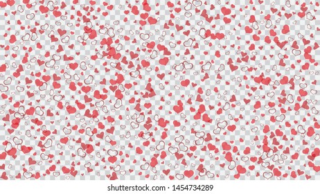 Design element for wallpaper, textiles, packaging, printing, holiday invitation for birthday. Red hearts of confetti are flying. Romantic background. Red on Transparent background Vector.