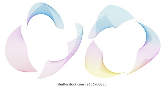 Elemento de diseño Líneas de onda Línea de curva de Guilloche Círculo de fondo para la marca de patrones Gradiente de fluido de borde de marco, capas de documento protectoras. Símbolo, objeto. Colorido, 3D, en capas, moderno, tecnología