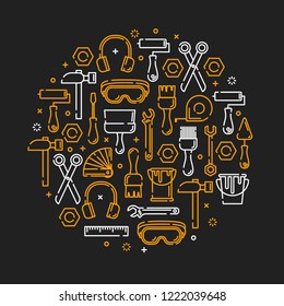Design element with working tools for home repair, building, construction, renovation. Vector outline icons. Different industrial equipment. Bright yellow color on black background.
