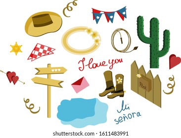 Design elements about cowboys on Valentine's day. Set of vector illustrations.
