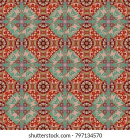 Design elements. Abstract mosaic vector background. Geometric seamless pattern. Sketch in red, beige and green colors.