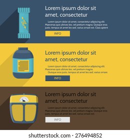 Design elements for athlete diet on colored backgrounds with sample text and buttons with word Info for your business or website.