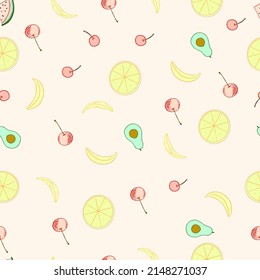Design-Elemente für Babytextilien oder -bekleidung. Handgezeichnete, sich wiederholende Delikatessen. Tropische Tapete