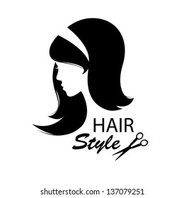 Design elements for barber shop .  Women hairstyle. Black and white. Hand drawing illustration.