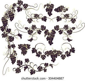 Design elements with bunches of grapes and vines in vintage style.