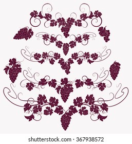 Design elements with bunches of grapes and vines in vintage style. Vector design elements in vintage style with vines.