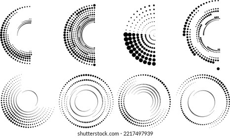 Design elements with circular halftone dots. Vector rotating dotted circles design . Half tones collection . Concentric circles for posters, social media, promotion,  flyer, covers .Dotted frames