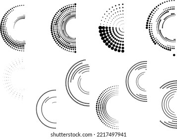 Design elements with circular halftone dots. Vector rotating dotted circles design . Half tones collection . Concentric circles for posters, social media, promotion,  flyer, covers .Dotted frames