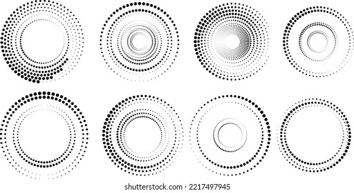 Diseñar elementos con puntos de semitono circulares. Diseño de círculos punteados giratorios. Colección de tonos medios. Círculos concéntricos para afiches, medios sociales, promoción, volante, portadas .Marcos punteados