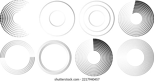 Design elements with circular halftone dots. Vector rotating dotted circles design . Half tones collection . Concentric circles for posters, social media, promotion,  flyer, covers .Dotted frames