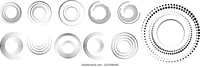 Design elements with circular halftone dots. Vector rotating dotted circles design . Half tones collection . Concentric circles for posters, social media, promotion,  flyer, covers .Dotted frames
