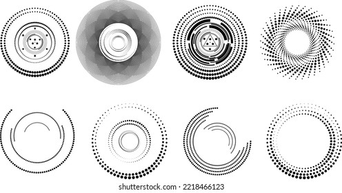 Design elements with circular halftone dots. Vector rotating dotted circles design . Half tones collection . Concentric circles for posters, social media, promotion,  flyer, covers .Dotted frames