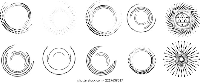 Design elements with circular halftone dots. Vector rotating dotted circles design . Half tones collection . Concentric circles for posters, social media, promotion,  flyer, covers .Dotted frames