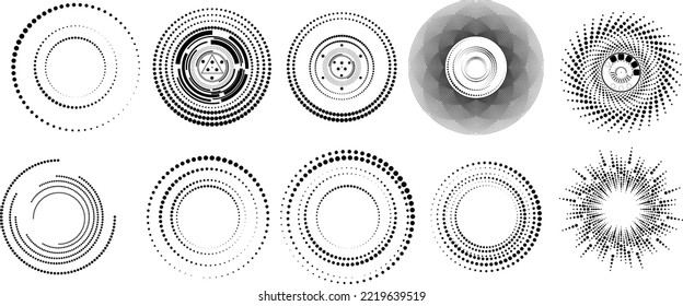 Design elements with circular halftone dots. Vector rotating dotted circles design . Half tones collection . Concentric circles for posters, social media, promotion,  flyer, covers .Dotted frames