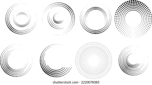 Design elements with circular halftone dots. Vector rotating dotted circles design . Half tones collection . Concentric circles for posters, social media, promotion,  flyer, covers .Dotted frames