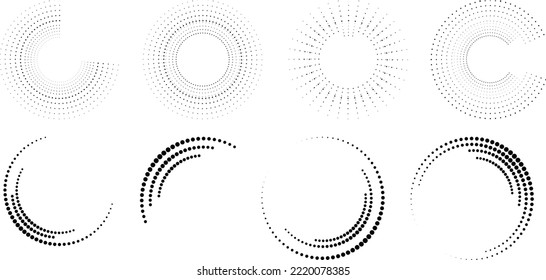 Design elements with circular halftone dots. Vector rotating dotted circles design . Half tones collection . Concentric circles for posters, social media, promotion,  flyer, covers .Dotted frames