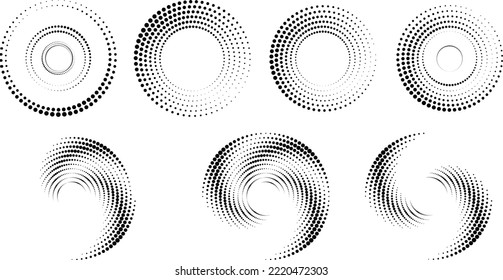 Design elements with circular halftone dots. Vector rotating dotted circles design . Half tones collection . Concentric circles for posters, social media, promotion,  flyer, covers .Dotted frames