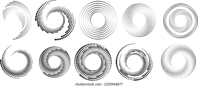 Diseñar elementos con puntos de semitono circulares. Diseño de círculos punteados giratorios. Colección de tonos medios. Círculos concéntricos para afiches, medios sociales, promoción, volante, portadas .Marcos punteados